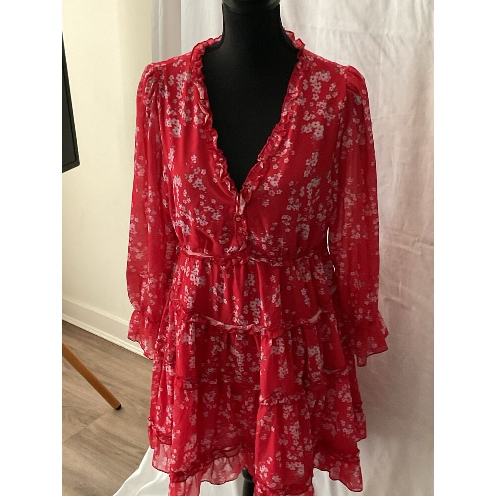 Shop Kultivate A-Line Dress XL Red Pink White Floral Ruffle V-Neck Long Sleeve